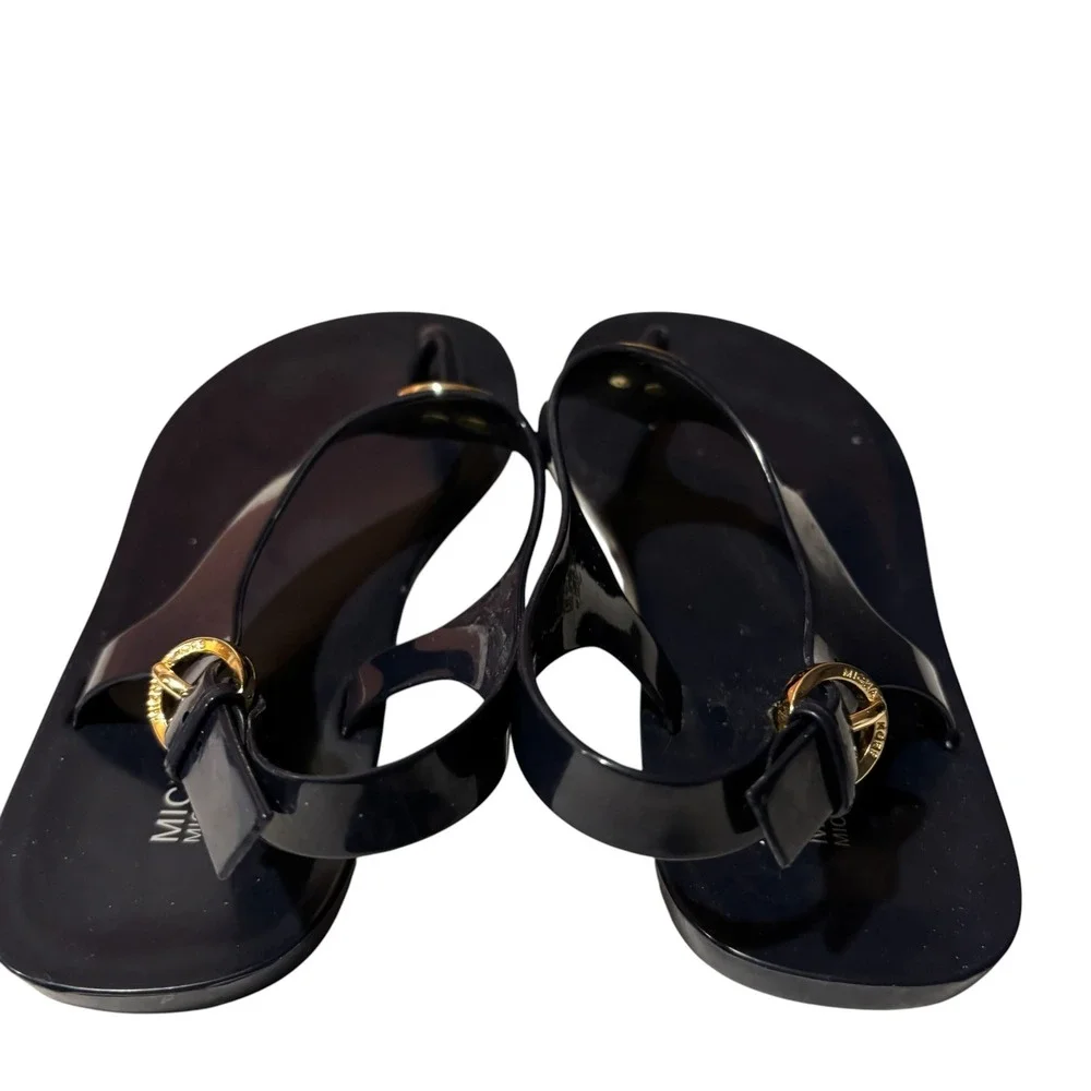 Michael Kors Navy Blue Jelly Sandals MK Logo Gold Medallion Slingback Flats 8M